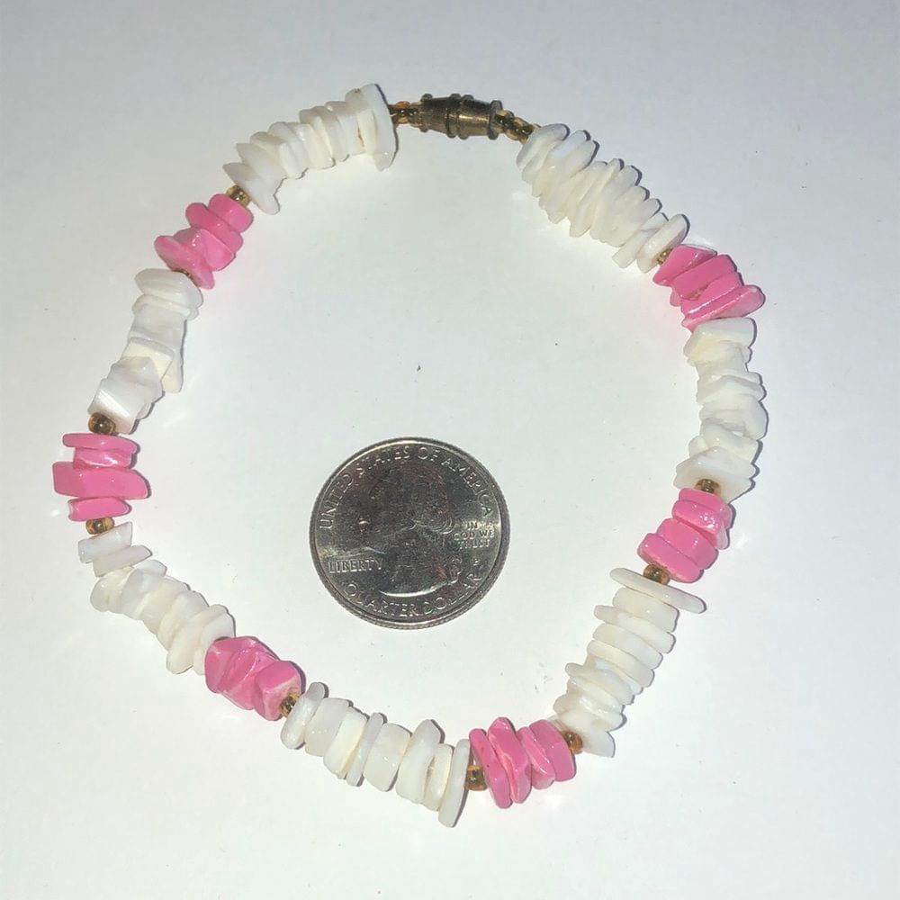 Vintage Boho Pink & White Puka Shell Chips Beaded Ankle Bracelet - Picture 2 of 5